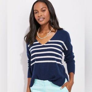 Vineyard Vines Seaspun 100% Cashmere Blue and White V-Neck Sweater